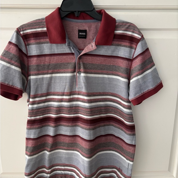Hugo‎ Boss Mens Size M Maroon Striped Collared Cotton Polo Shirt - Picture 1 of 8